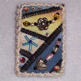Yellow, Blue Rectangle Beaded Art Quilt Pin, Pendant, Sue Andrus